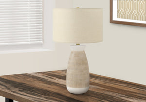 HomeRoots 27" Brown and White Ceramic Table Lamp with Beige Drum Shade - Stylish Accent Lighting for Any Room 545862