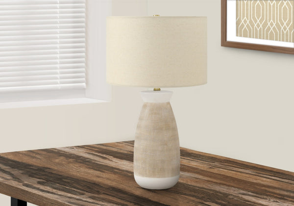 HomeRoots 27" Brown and White Ceramic Table Lamp with Beige Drum Shade - Stylish Accent Lighting for Any Room 545862