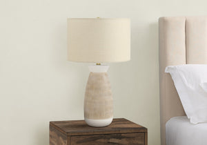 HomeRoots 27" Brown and White Ceramic Table Lamp with Beige Drum Shade - Stylish Accent Lighting for Any Room 545862