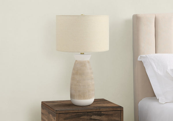 HomeRoots 27" Brown and White Ceramic Table Lamp with Beige Drum Shade - Stylish Accent Lighting for Any Room 545862