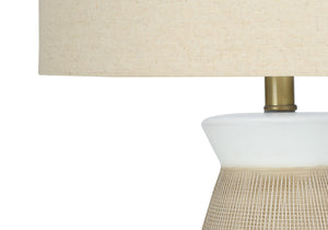HomeRoots 27" Brown and White Ceramic Table Lamp with Beige Drum Shade - Stylish Accent Lighting for Any Room 545862