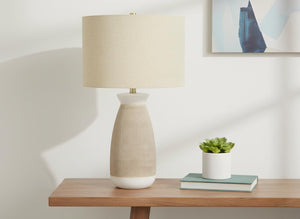 HomeRoots 27" Brown and White Ceramic Table Lamp with Beige Drum Shade - Stylish Accent Lighting for Any Room 545862