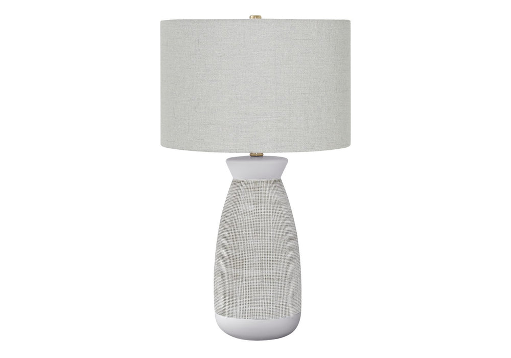 HomeRoots 27" Gray Ceramic Table Lamp with Stylish White Drum Shade - Modern Accent for Any Room Decor 545863