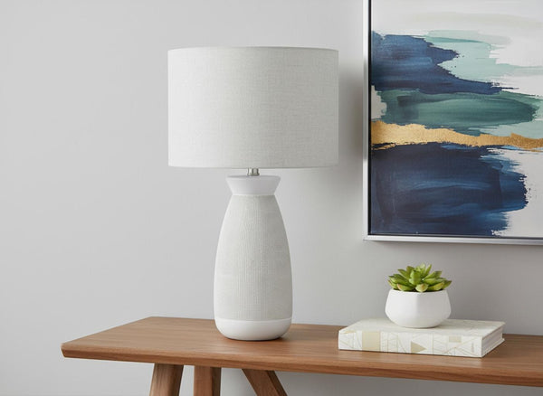 HomeRoots 27" Gray Ceramic Table Lamp with Stylish White Drum Shade - Modern Accent for Any Room Decor 545863