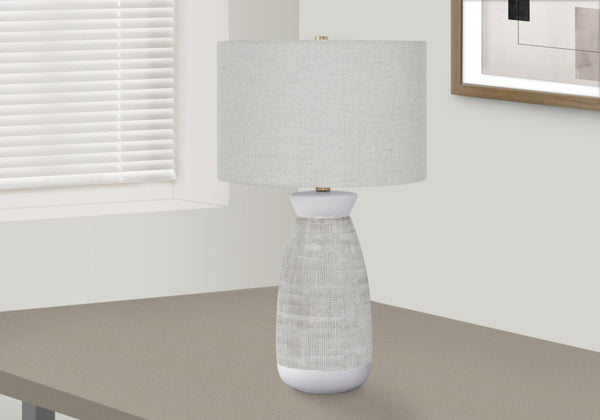 HomeRoots 27" Gray Ceramic Table Lamp with Stylish White Drum Shade - Modern Accent for Any Room Decor 545863