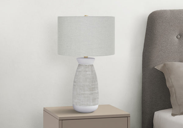 HomeRoots 27" Gray Ceramic Table Lamp with Stylish White Drum Shade - Modern Accent for Any Room Decor 545863