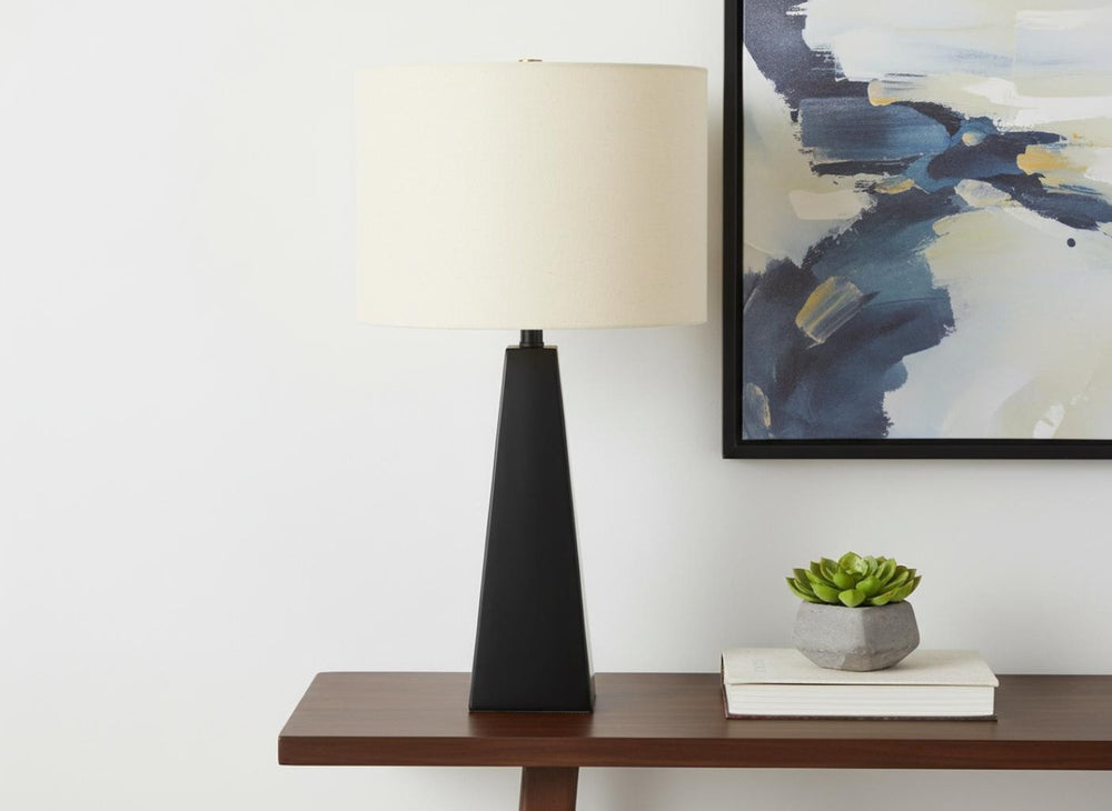 HomeRoots 27" Modern Black Geometric Table Lamp with Beige Shade - Stylish, Versatile Lighting for Any Space 545864