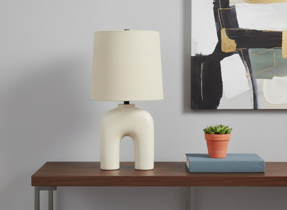 HomeRoots 25" Cream Geometric Table Lamp with Beige Shade - Modern Elegance for Living Rooms & Bedrooms 545866