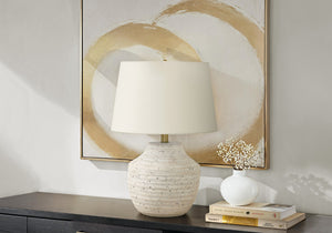 HomeRoots 20" Cream Concrete Urn Table Lamp with Textured Base & Soft Linen Shade for Elegant Lighting Decor 545868