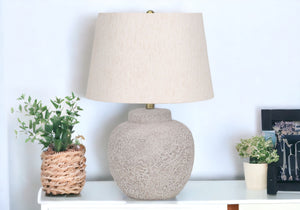 Homeroots 22" Cream Concrete Urn Table Lamp With Cream Abstract Empire Shade   545870