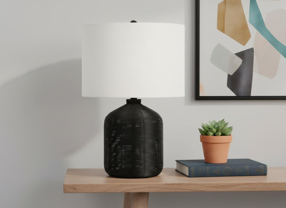 HomeRoots 23" Black Rattan Table Lamp with Ivory Drum Shade – Boho-Chic Lighting for Modern Interiors & More! 545872