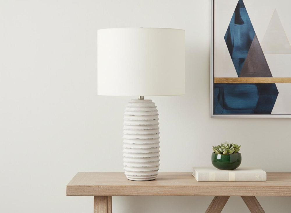 HomeRoots 28" Cream Geometric Table Lamp - Rustic Modern Design with Adjustable Light for Any Room Decor 545877