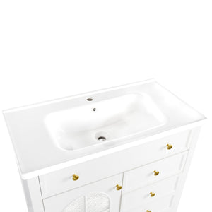 English Elm 35.6" Freestanding Bathroom Vanity with Roman Column Base and Ceramic Integrated Sink White W1801S00011