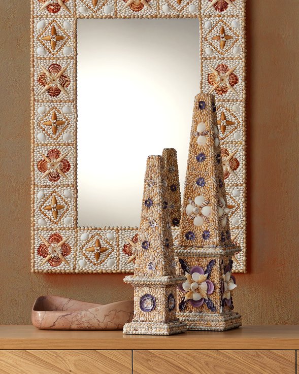 Currey & Company Coquillage Short Obelisk - Exquisite Shell-incrusted Sculpture With Floral Motifs For Unique Decor Natural Shells ,Wood 1200-1043-currey-company