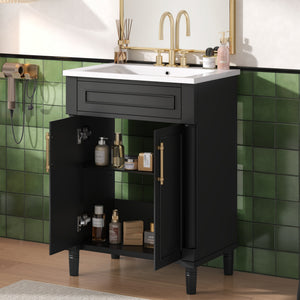 English Elm 24" Bathroom Vanity with Integrated Ceramic Sink and Adjustable Shelf, Vintage Hardware, Space-Saving Design Black N710P277711B