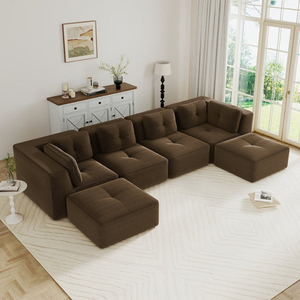 English Elm Modern Corduroy Modular Sectional with Tufted Cushions Two Ottomans Living Room Brown W714S01812