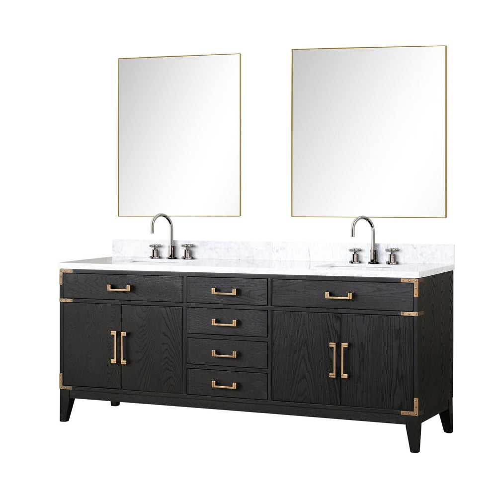 English Elm Black Oak Double Bath Vanity Set With Carrara Marble Top, Faucets & 36" Mirrors For Modern Spaces B2731S02190