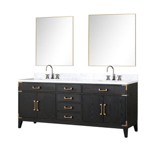 English Elm Black Oak Double Bath Vanity Set With Carrara Marble Top, Faucets & 36" Mirrors For Modern Spaces B2731S02190