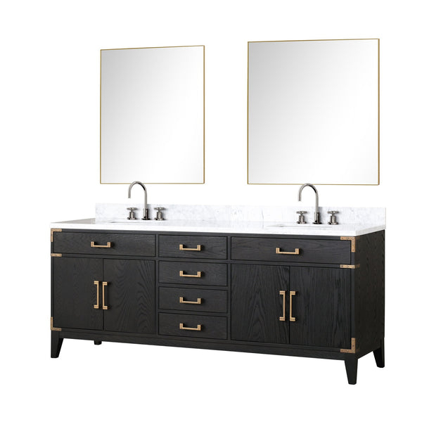 English Elm Black Oak Double Bath Vanity Set With Carrara Marble Top, Faucets & 36" Mirrors For Modern Spaces B2731S02190