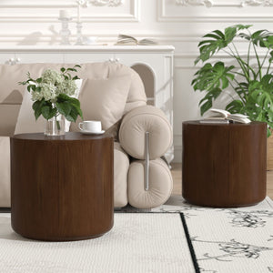 English Elm 19.29"h Round Mgo Outdoor Side Tables Set of 2 Tulip Base Wood Grain Patio Accent Brown W757S00053