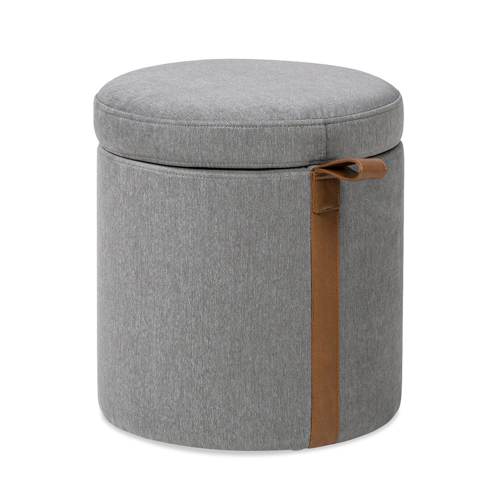 English Elm Jennifer Taylor Home - Brandy Compact 14" Round Upholstered Storage Ottoman with Leather Accent Tab, Linen Neutral Chic Gray B2719P269256