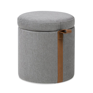 English Elm Jennifer Taylor Home - Brandy Compact 14" Round Upholstered Storage Ottoman with Leather Accent Tab, Linen Neutral Chic Gray B2719P269256
