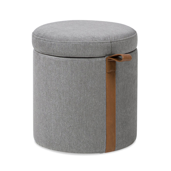 English Elm Jennifer Taylor Home - Brandy Compact 14" Round Upholstered Storage Ottoman with Leather Accent Tab, Linen Neutral Chic Gray B2719P269256
