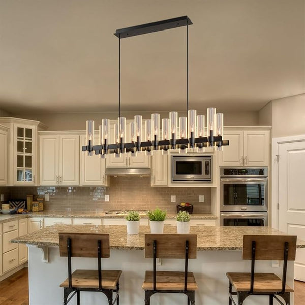 English Elm Black Linear Chandelier 12 Light Seeded Glass Farmhouse Fixture for Dining Rooms W5008P392744