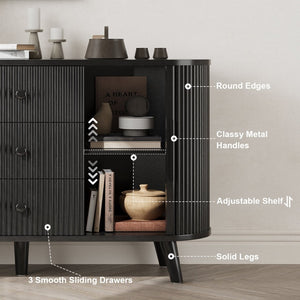 English Elm Sideboard Fluted Credenza with Three Drawers Two Doors Matte Black Modern Storage Black T3773P417309
