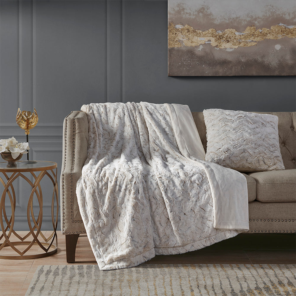 JLA Home Madison Park - Faux Plush Fur Square Pillow with Lux Micro Reverse, Hidden Zipper, Neutral Accent for Sofas MP30-6234