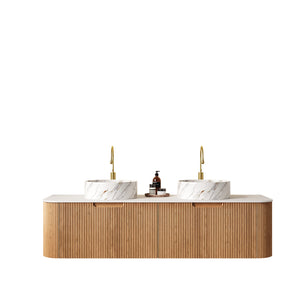 English Elm Dina 60" Wall-Mounted Bathroom Vanity With 2 Ceramic Sinks, Natural Woodgrain Finish & Ample Storage W2615S00493