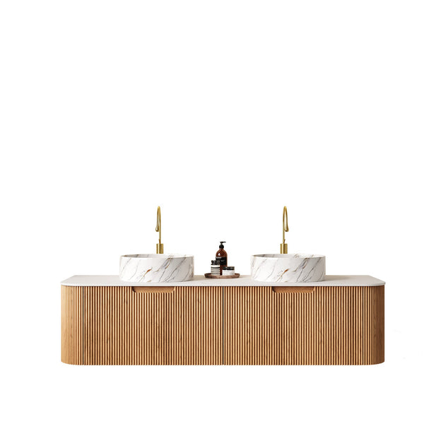 English Elm Dina 60" Wall-Mounted Bathroom Vanity With 2 Ceramic Sinks, Natural Woodgrain Finish & Ample Storage W2615S00493