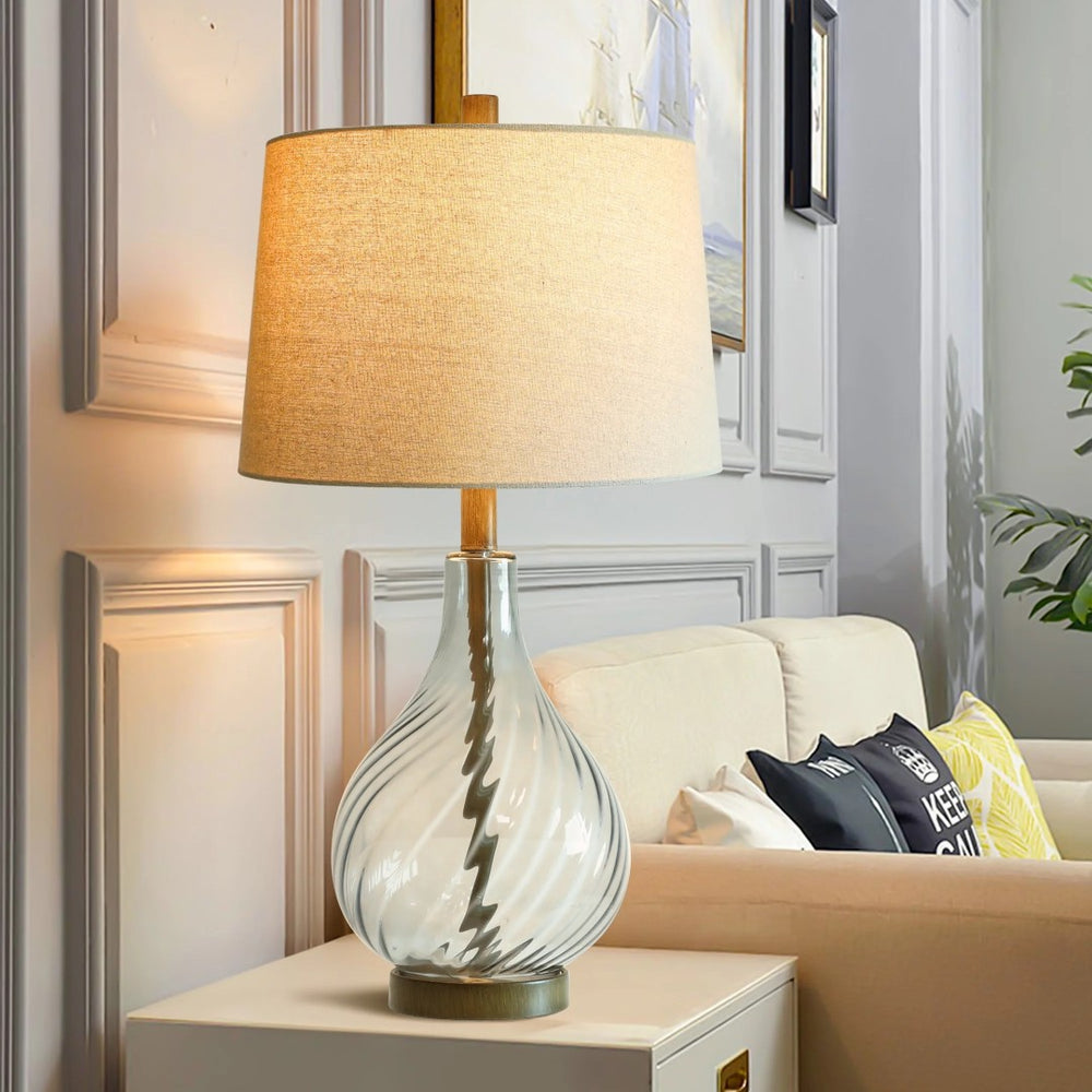 English Elm 28in Spiral Glass Column Table Lamp with Linen Shade for Bedroom or Office Decor W3355P443091