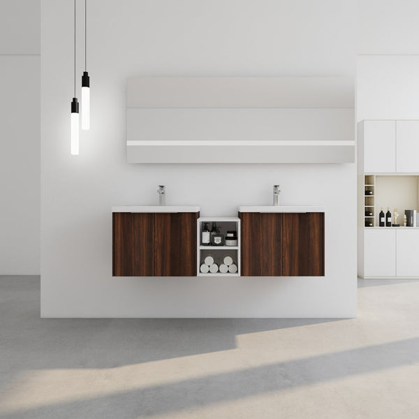 English Elm 60 Inch Wall Mounted Vanity with Dual Resin Sinks, Soft Close Doors, Metal Handles & Shelves Durable Finish California Walnut W999S00187