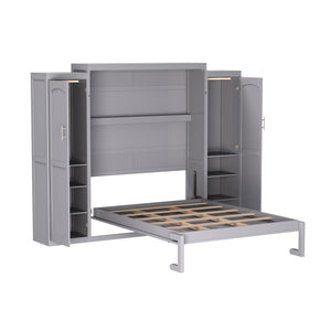 English Elm Full Full Size Murphy Bed with Two Wardrobes and Foldable Platform, Space-Saving Modern Guest Solution Gray 84.9 L x 12 W x 7 H N733S235596E