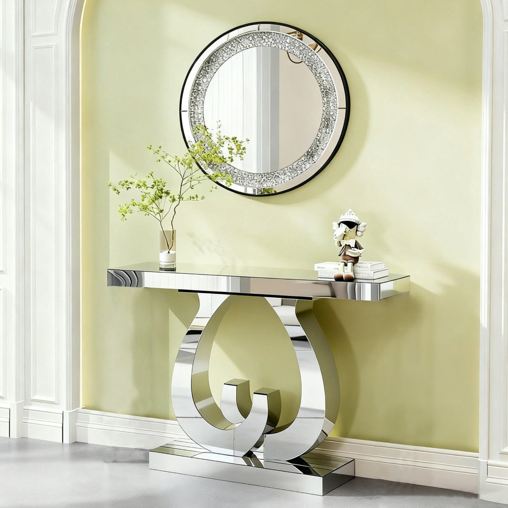 English Elm Modern Mirrored Console Table with Silver Double C Base for Entryway or Sofa W3836P382513