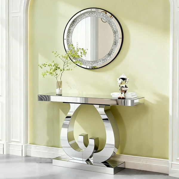 English Elm Modern Mirrored Console Table with Silver Double C Base for Entryway or Sofa W3836P382513
