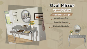 English Elm Luxury Makeup Vanity Desk with Oval Mirror and Engraved Floral Frame, Velvet Jewelry Tray, Durable Drawers and Elegant Console for Bedroom & Living Room Decor Silver N844P292481S
