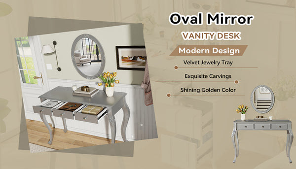 English Elm Luxury Makeup Vanity Desk with Oval Mirror and Engraved Floral Frame, Velvet Jewelry Tray, Durable Drawers and Elegant Console for Bedroom & Living Room Decor Silver N844P292481S