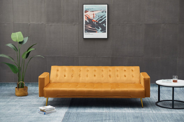 English Elm Sofa Bed Velvet Upholstered Convertible with Gold Metal Legs for Studio Spaces Ginger B205P246430