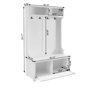 English Elm Modern Classic Hall Tree with Solid Poplar Feet, Double Hooks, Shoe Bench & Antique Hardware Organizer White W2275P210038