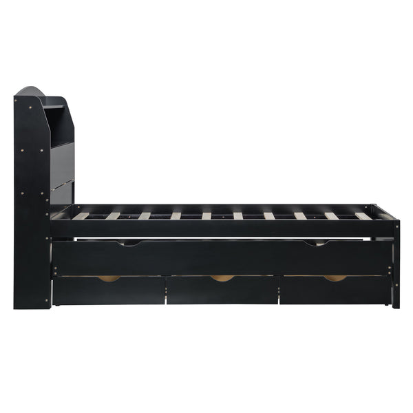 English Elm Twin LED Platform Bed with Trundle and Under-Storage Drawers, Flip-Up Headboard, USB Ports Espresso N820S10008D