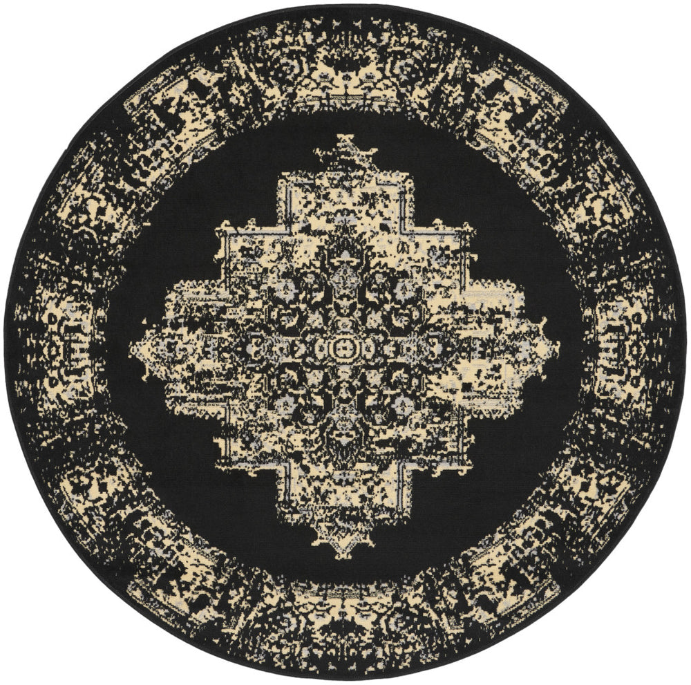 Homeroots 5' Tan And Black Medallion Distressed Non Skid Round Rug  Polypropylene 546026