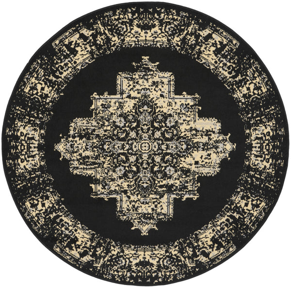 Homeroots 5' Tan And Black Medallion Distressed Non Skid Round Rug  Polypropylene 546026