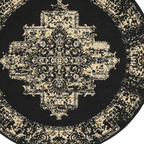 Homeroots 5' Tan And Black Medallion Distressed Non Skid Round Rug  Polypropylene 546026