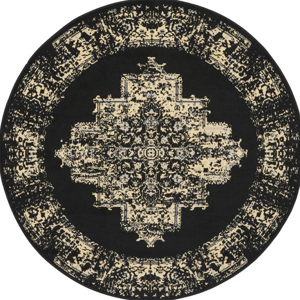 Homeroots 5' Tan And Black Medallion Distressed Non Skid Round Rug  Polypropylene 546026
