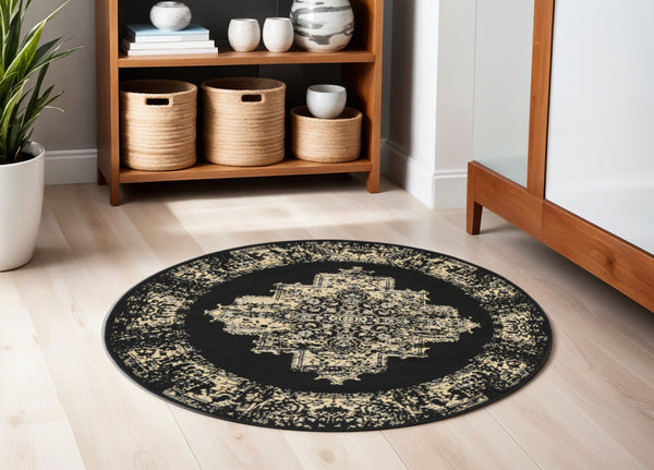 Homeroots 5' Tan And Black Medallion Distressed Non Skid Round Rug  Polypropylene 546026
