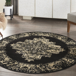 Homeroots 5' Tan And Black Medallion Distressed Non Skid Round Rug  Polypropylene 546026