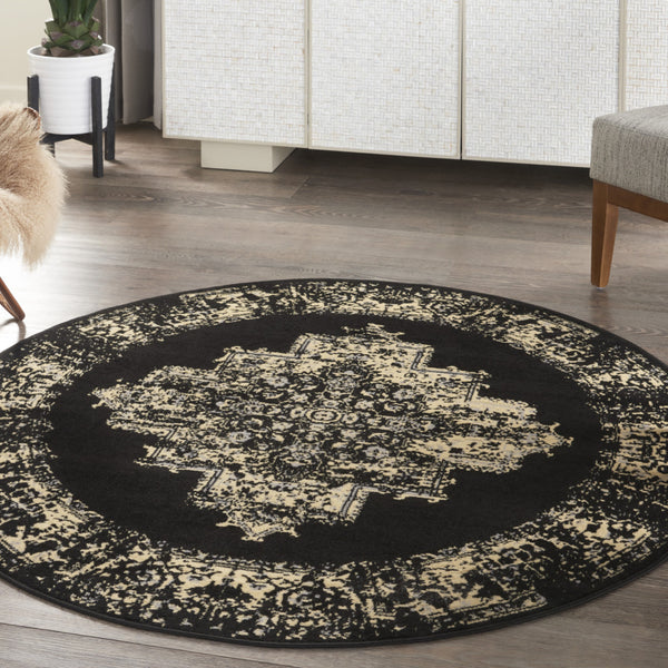 Homeroots 5' Tan And Black Medallion Distressed Non Skid Round Rug  Polypropylene 546026