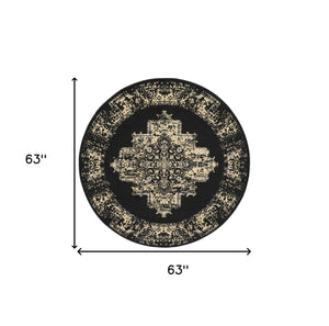 Homeroots 5' Tan And Black Medallion Distressed Non Skid Round Rug  Polypropylene 546026